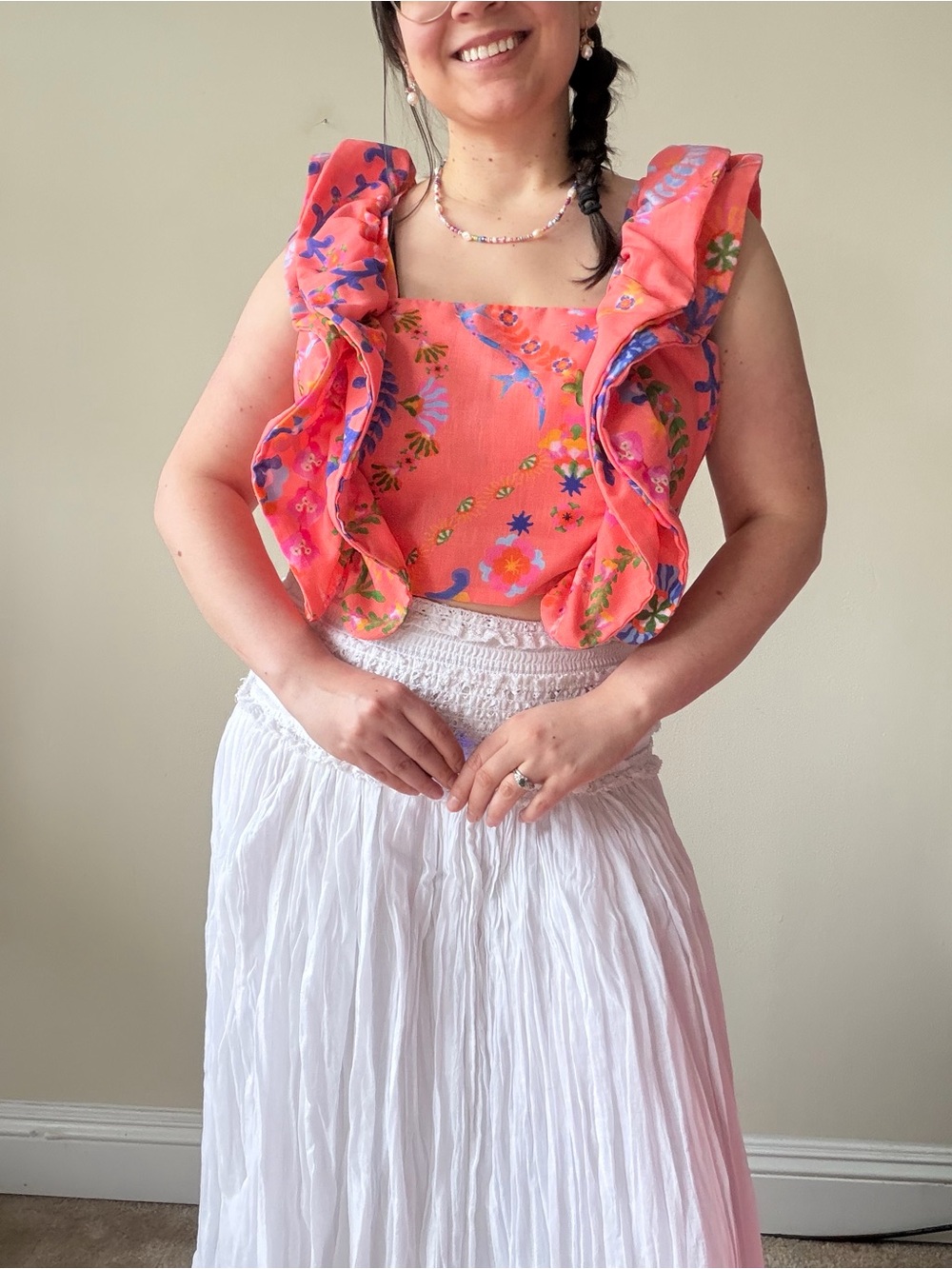 Praia Coral Floral Ruffle Square-Neck Women's Top